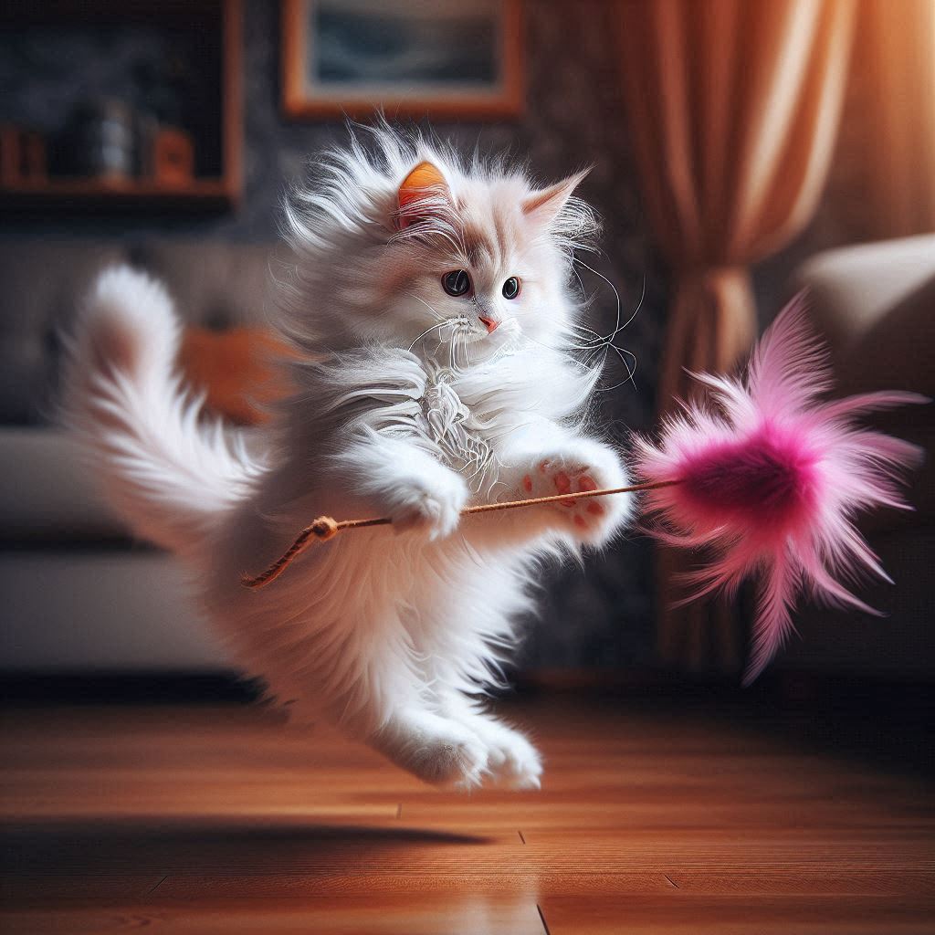 A Turkish Angora cat mid-leap while playing with a feather wand toy, demonstrating their athletic abilities and playful nature